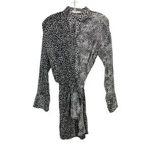 Alice + Olivia Jodie Collared Shirt Dress Wrap Belt Black White Leopard Size 0‎